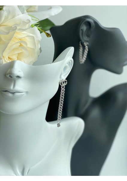 Lüks Moda Zincir Çift Kullanım Küpe Gümüş Gri Halka Sarkıt