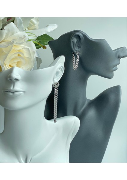 Lüks Moda Zincir Çift Kullanım Küpe Gümüş Gri Halka Sarkıt