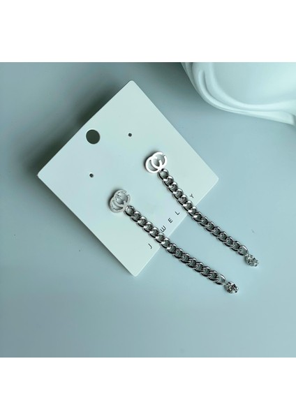 Lüks Moda Zincir Çift Kullanım Küpe Gümüş Gri Halka Sarkıt