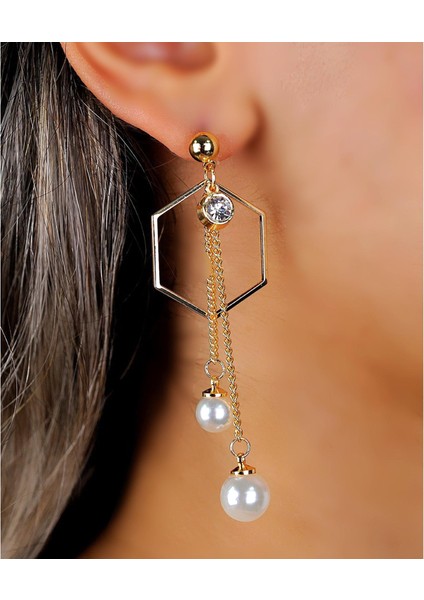 Yeni Trend Moda Altıgen Zikron Taş Inci Sarkıt Zincir Küpe