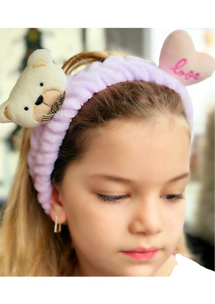 Moda Peluş Oyuncak Ayı Kalp 3D Oyuncaklı Bebek Çocuk Kadın Makyaj Bandana Saç Bantı Lastikli Lila