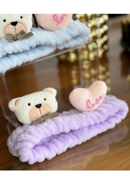 Moda Peluş Oyuncak Ayı Kalp 3D Oyuncaklı Bebek Çocuk Kadın Makyaj Bandana Saç Bantı Lastikli Lila fiyatları