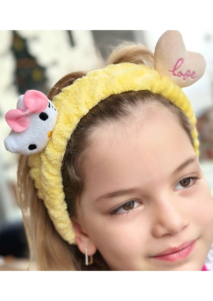 Moda Peluş Oyuncak Hello Kitty Kedi 3D Bebek Çocuk Kadın Makyaj Bandana Saç Bantı Lastikli Sarı
