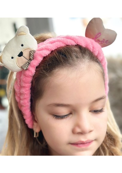 Moda Peluş Oyuncak Ayı Kalp 3D Oyuncaklı Bebek Çocuk Kadın Makyaj Bandana Saç Bantı Lastikli Pembe