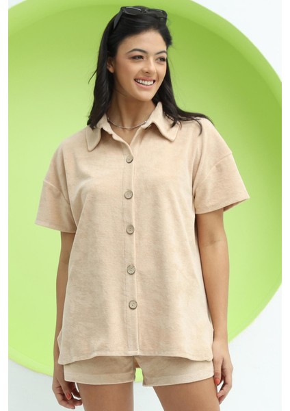 Kadın Havlu Kumaş Gömlek Vizon