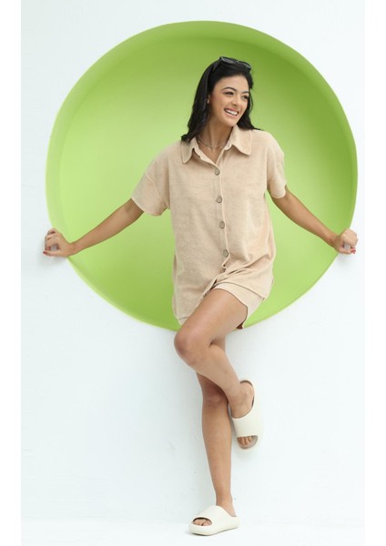 Kadın Havlu Kumaş Gömlek Vizon modelleri