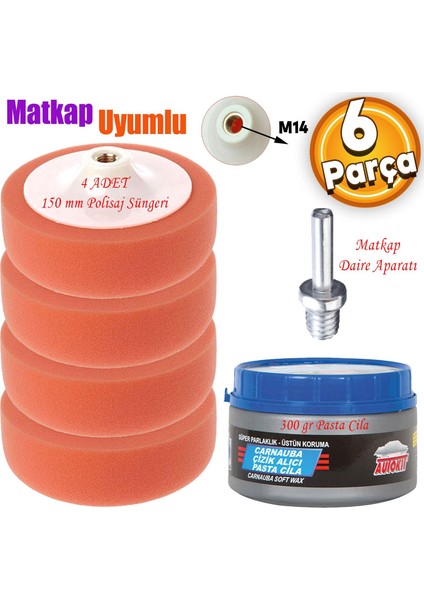Pasta Cila Polisaj Süngeri Zımpara Tabanlı Turuncu 150 mm M14 Uyumlu Matkap Daire Aparatı (6 Parça)