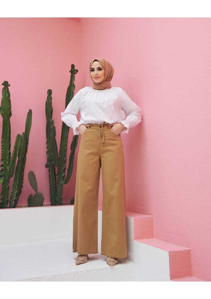 1123-PARÇA Boyalı Bağcıklı Bol Paça Pantolon Bej