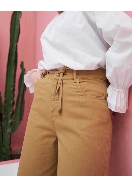 1123-PARÇA Boyalı Bağcıklı Bol Paça Pantolon Bej fiyatları