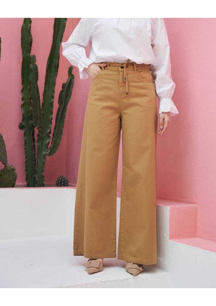 1123-PARÇA Boyalı Bağcıklı Bol Paça Pantolon Bej fırsatları