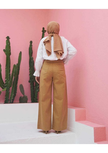 1123-PARÇA Boyalı Bağcıklı Bol Paça Pantolon Bej indirimleri