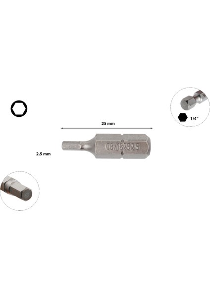 2,5 x 25 mm Bits Allen (Alyan) Uç CB/1825 (1 Adet)