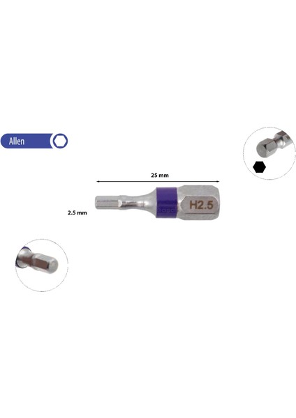 2.5 x 25 mm Allen Bits Uç Renk Kodlu CB/1825TC (1 Adet)