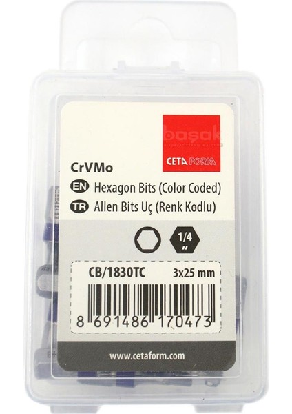 3 x 25 mm Allen Bits Uç Renk Kodlu CB/1830TC (1 Adet)