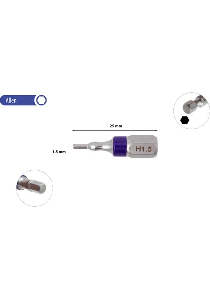 1.5 x 25 mm Allen Bits Uç Renk Kodlu CB/1815TC (1 Adet)