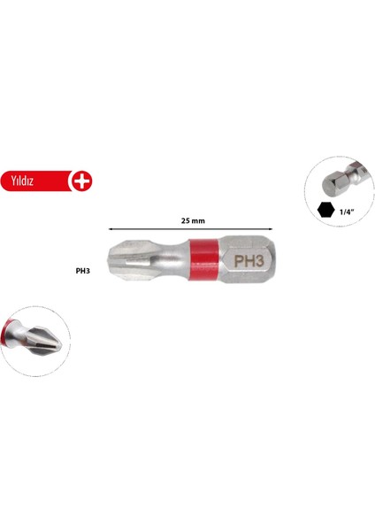 Ph3 x 25 mm Yıldız Bits Uç Renk Kodlu CB/253TC (1 Adet )