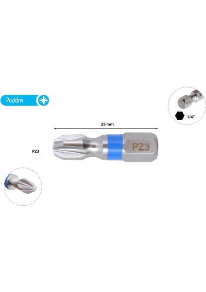 Pz 3 x 25 mm Yıldız Bits Uç Renk Kodlu CB/353TC (1 Adet)