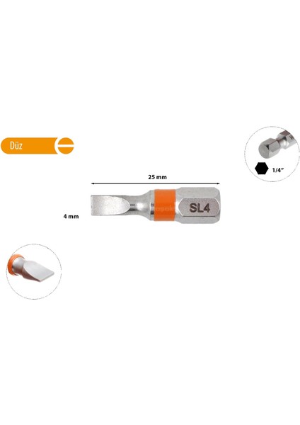 4.0 x 25 mm Düz Bits Uç Renk Kodlu CB/611TC (1 Adet)