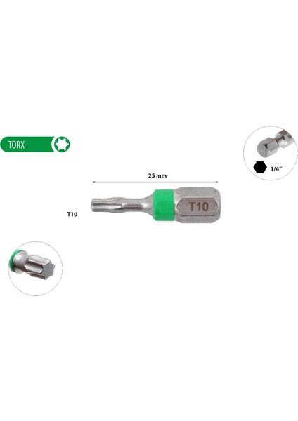 T10 x 25 mm Torx Bits Uç Renk Kodlu CB/806TC (1 Adet)