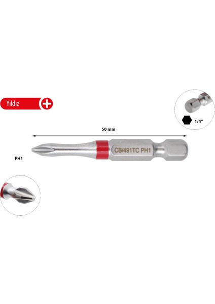 Ph1 x 50 mm Yıldız Bits Uç Renk Kodlu CB/491TC (1 Adet)