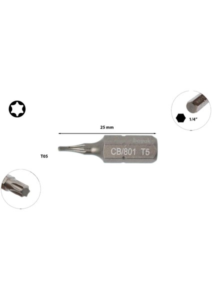 T5 x 25 mm Torx Bits Uç CB/801 (1 Adet)