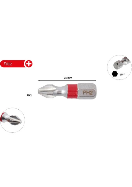 Ph2 x 25 mm Yıldız Bits Uç Renk Kodlu CB/252TC (1 Adet)