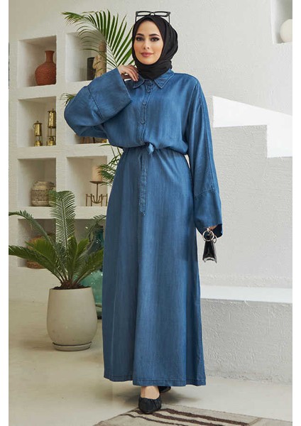 6596-DÜĞMELI Süs Kuşaklı Abaya Koyu Mavi
