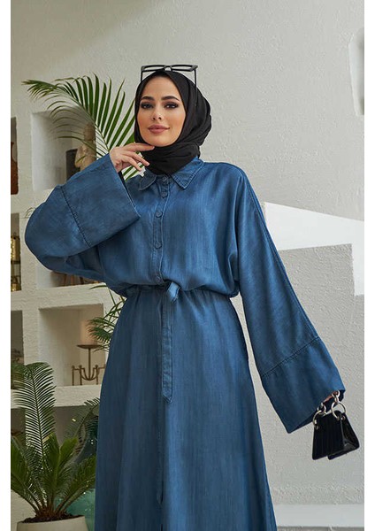 6596-DÜĞMELI Süs Kuşaklı Abaya Koyu Mavi