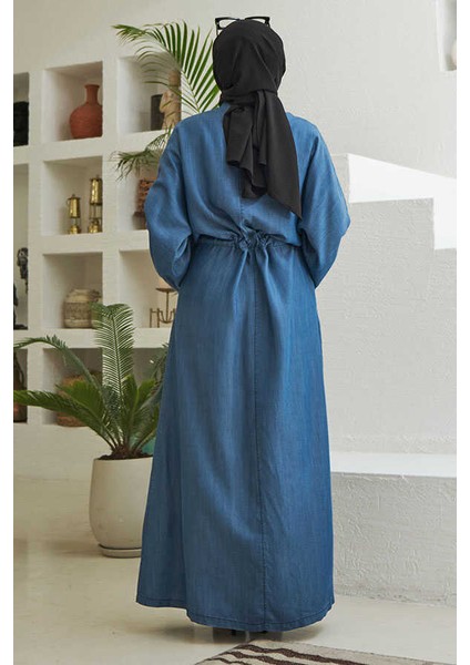 6596-DÜĞMELI Süs Kuşaklı Abaya Koyu Mavi