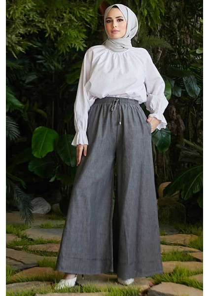 1138-LASTIKLI Bol Paça Pantolon Gri