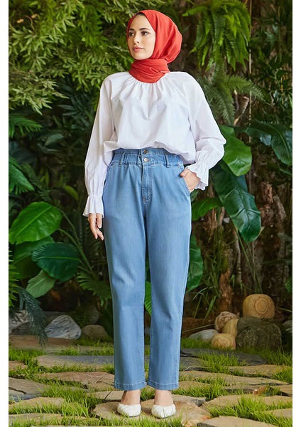 1159-KEMERI Lastikli Yüksek Bel Pantolon Mavi