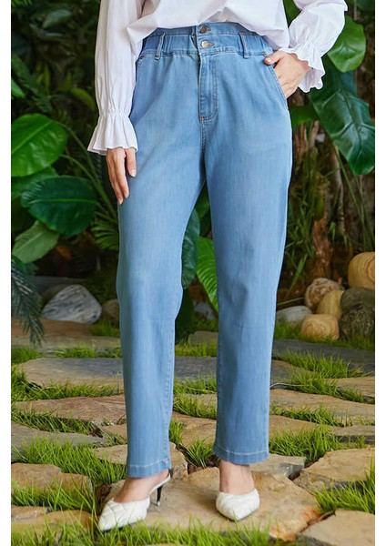 1159-KEMERI Lastikli Yüksek Bel Pantolon Mavi fiyatları