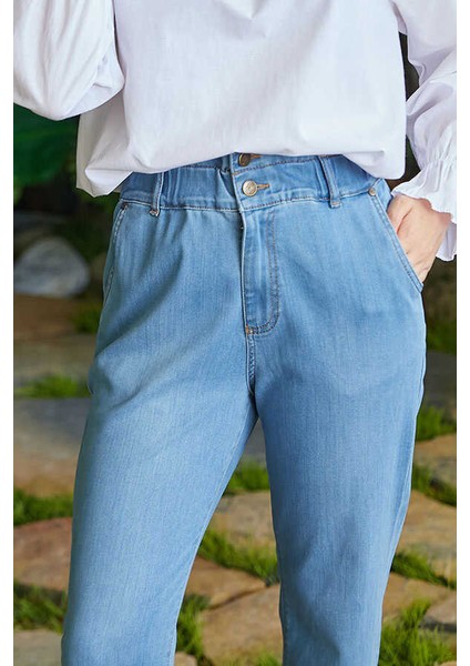 1159-KEMERI Lastikli Yüksek Bel Pantolon Mavi modelleri