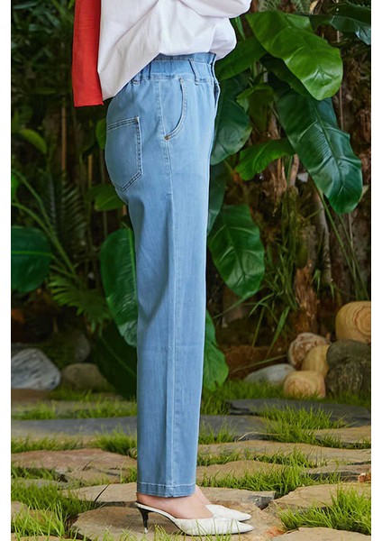 1159-KEMERI Lastikli Yüksek Bel Pantolon Mavi fırsatları