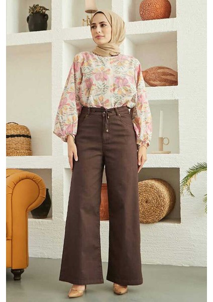 1123-BAĞCIKLI Bol Paça Pantolon Kahve