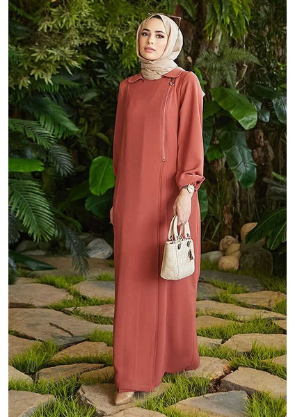 6541-KREP Yan Fermuarlı Ferace Kiremit