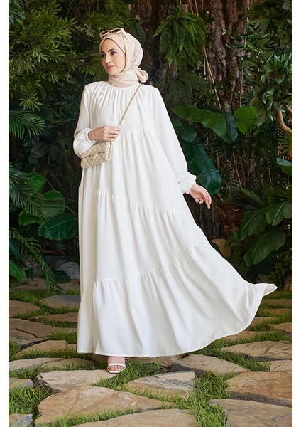 6614-BÜZGÜLÜ Berlin Elbise Beyaz