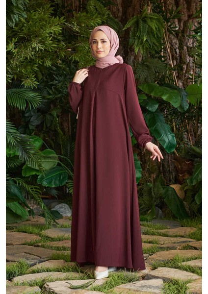 6482-BERLIN A Pileli Elbise Bordo