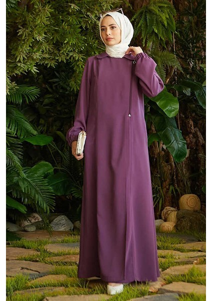 6541-KREP Yan Fermuarlı Ferace Koyu Lila