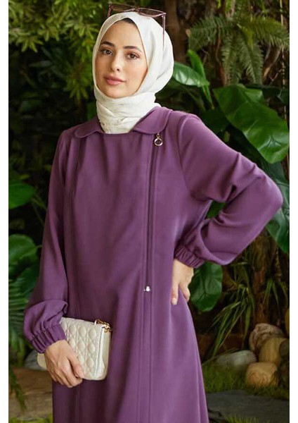 6541-KREP Yan Fermuarlı Ferace Koyu Lila modelleri