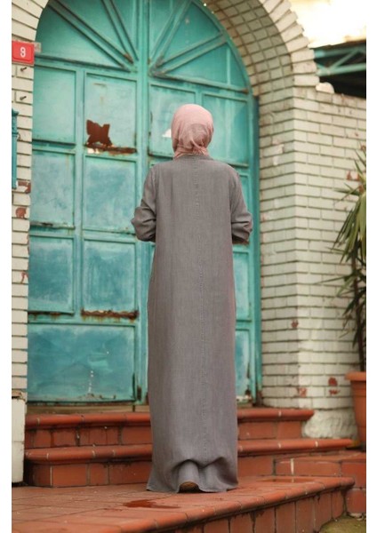6508-DENIM Yandan Düğmeli Ferace Gri fırsatları