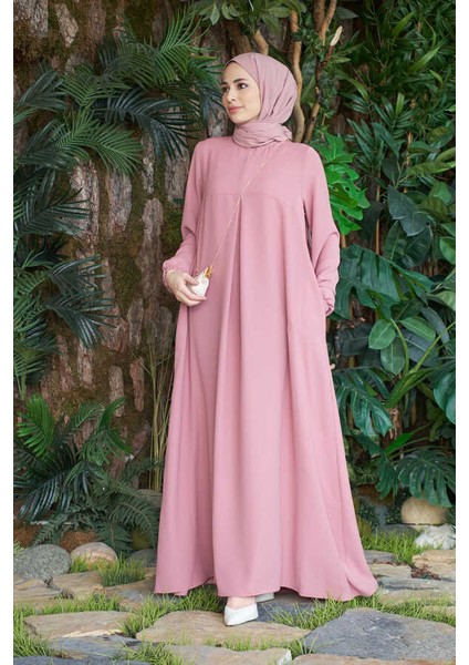 6482-BERLIN A Pileli Elbise Pudra