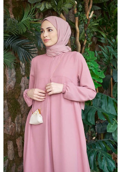 6482-BERLIN A Pileli Elbise Pudra modelleri