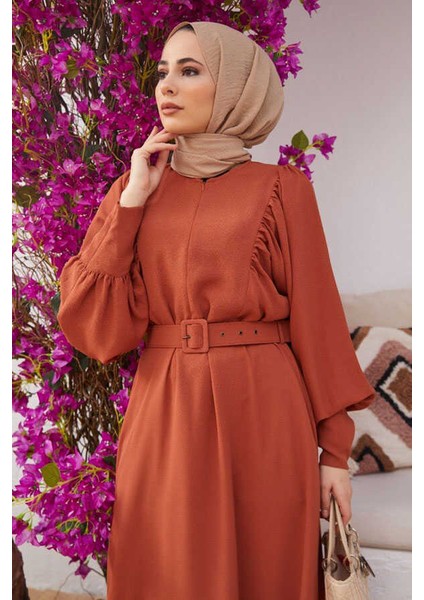 6583-KREP Elbise Taba