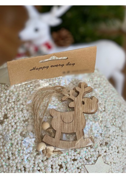 Yeni Yıl Yılbaşı Özel Ahşap Sevimli Sallanan Geyik Çam Ağacı Ağaç Süsü 3 Lü Lüks Set