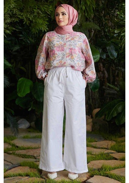 1105-LASTİKLİ Pantolon Beyaz