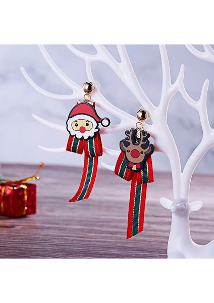 Yeni Yıl Yılbaşı Özel Gümüş Sarkıt Kurdele Sevimli Geyik Noel Baba Fiyonklu Küpe