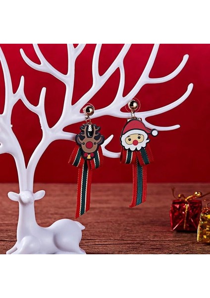 Yeni Yıl Yılbaşı Özel Gümüş Sarkıt Kurdele Sevimli Geyik Noel Baba Fiyonklu Küpe modelleri