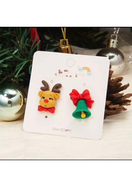 Yeni Yıl Yılbaşı Özel Gümüş Çivili Sevimli Geyik Fiyonklu Çan Küpe Seti