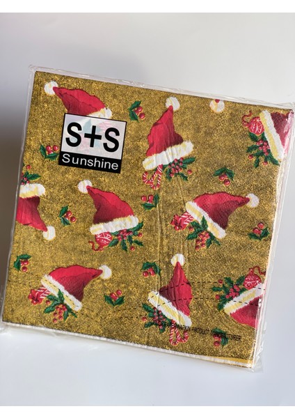 Ithal Yeni Yıl Yılbaşı Lüks Sofra Sunum Noel Baba Şapkası Koline Çiçek Şeker Desenli Peçete Seti